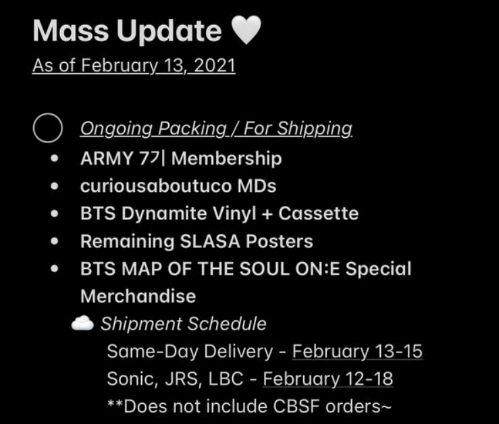 SophShop's tweet photo. SOPH SHOP's MASS UPDATE ♡ as of February 13, 2021
Hello! Here's the latest mass update for all ongoing group orders~ 🤍 We're still replying to email inquiries~ Please DM us for any urgent concerns.
Thank you for your patience!
#SOPHMUpdate ♡ https://t.co/VXXfQgQbxg