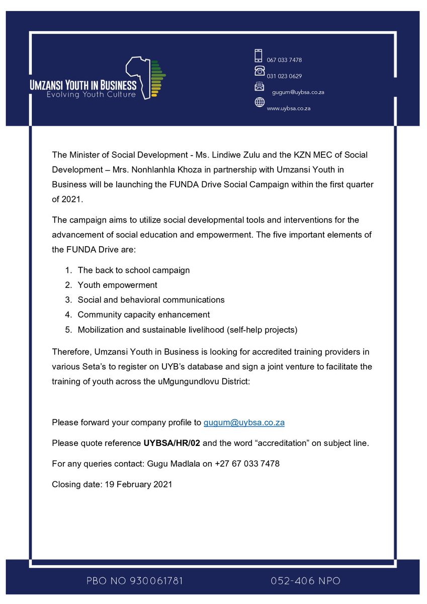 uybculture's tweet photo. We are looking for accredited training providers in various SETAs to be on our data base. The closing date is the 19th of February. 

#UYB 
#umzansiyouthinbusiness
#jobseekerssa https://t.co/speAjQ3uJg