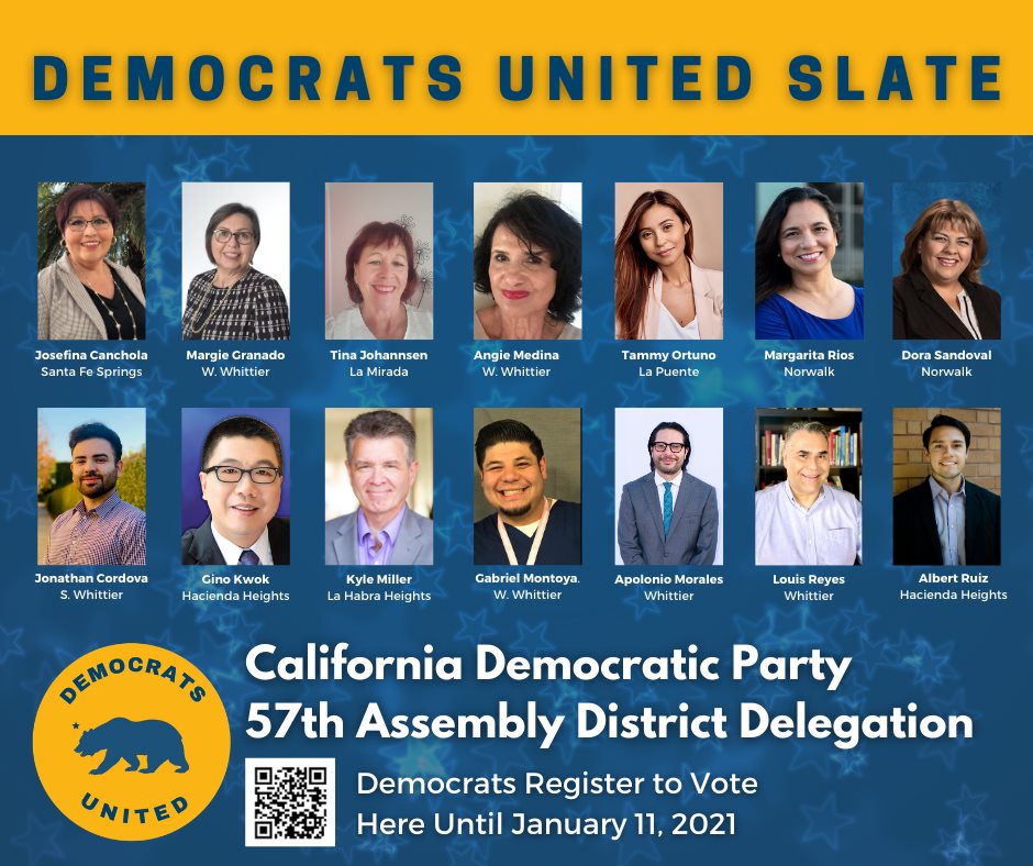 Close race in Assembly District 57 in southeast LA county, covering La Puente, Norwalk, La Mirada, etc. Two slates - Democrats for Justice and Democrats United - split the fourteen  #ADEM delegate seats in AD57.  https://adem.cadem.org/assembly-districts/ad-57/