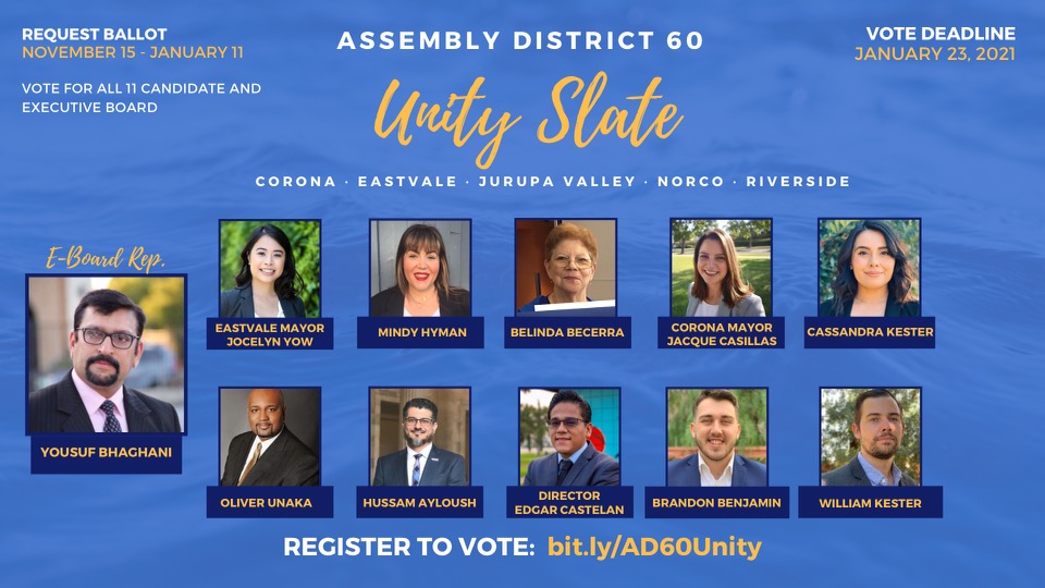 Assembly District 60, in Jurupa Valley, Corona, and Eastvale, had a unity slate. All eleven members of the AD60 slate were elected, plus a few independent candidates.  #ADEM  https://adem.cadem.org/assembly-districts/ad-60/