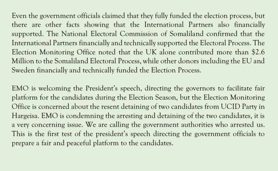 waddani_5's tweet photo. @CPA_Horn The Election Monitoring Office noted that the UK alone contributed more than $2.6 Million to the Somaliland Electoral Process,while other donors including the EU and Sweden financially and technically funded the Election Process. @fght_forurights @nura_ayn @mboqore1 @bidhaanDahir https://t.co/AYWj2EpjEf