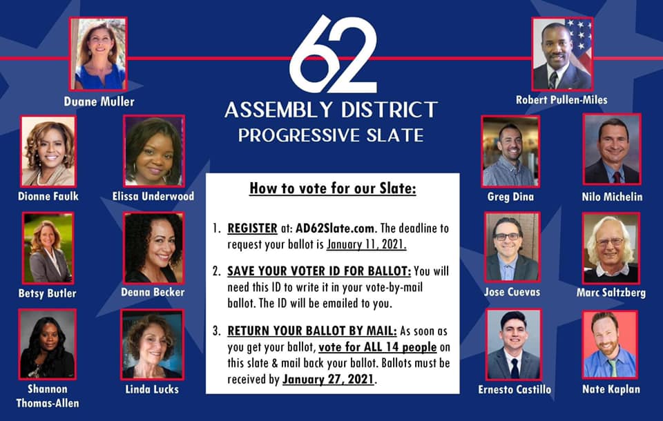 Assembly District 62 in Venice, Inglewood, and Hawthorne had a competitive election, with the Progressive Slate winning most of AD62's  #ADEM seats.  https://adem.cadem.org/assembly-districts/ad-62/