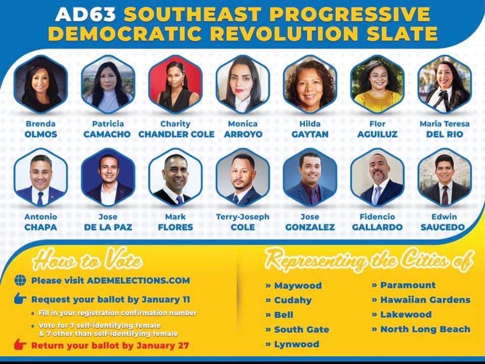 Assembly District 63 is another southeast LA county district that covers many of the Gateway Cities such as Lakewood, South Gate, and Cudahy. The Southeast Progressive Democratic Revolution slate won AD63 in a competitive election.  #ADEM  https://adem.cadem.org/assembly-districts/ad-63/