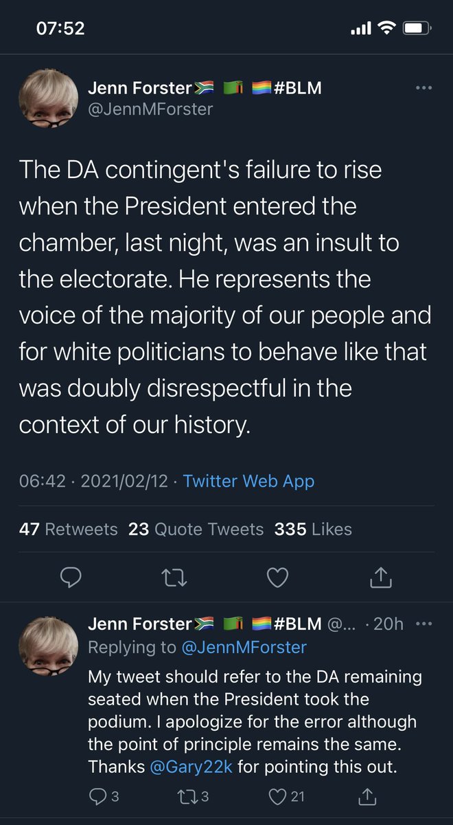 John’s response to  @JennMForster original tweet (at 06:42) is posted at 15:13. Jenn’s apology & correction is posted at 11:14 (moments after her error is pointed out) & it appears directly below her original tweet.John adds a 2nd response at 15:15Did he miss Jenn’s 2nd tweet?