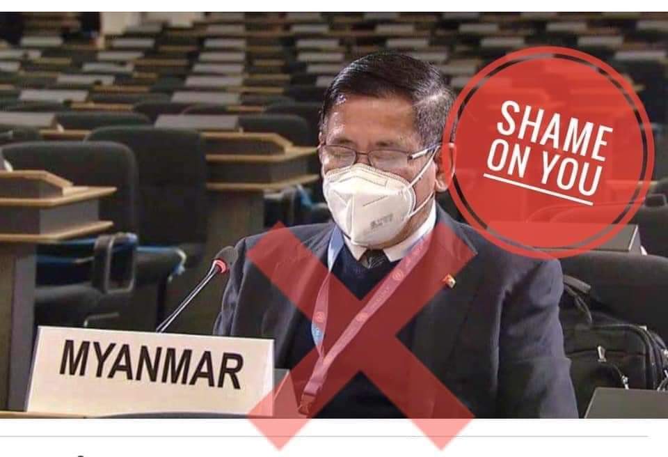 UN envoy Myint Thu ignored the current situation in Burma and lied in defense of the coup d’état. 

Therefore, Myint Thu was declared a traitor to the country from now on. 

#SHAMEonyouMyintThu
#Lier_MyintThu
#Traitor_MyintThu
#WhatsHappeningInMyanmar

crd