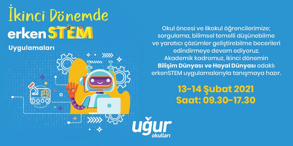 Okul öncesi ve ilkokul öğrencilerimize sorgulama, bilimsel temelli düşünebilme ve yaratıcı çözümler geliştirebilme becerileri edindirmeye devam ediyoruz!

Akademik kadromuz, ikinci dönemin “Bilişim Dünyası ve Hayal Dünyası odaklı #erkenSTEM uygulamalarıyla tanışmaya hazır. 👍🏻