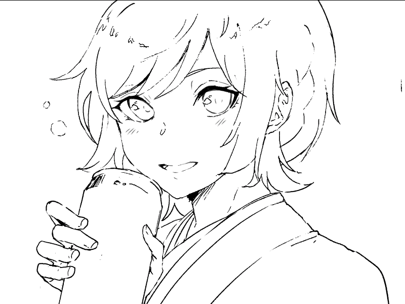 手書きラフはカメラで撮った後に1bitレイヤーに変換するだけで線画が得られます。後は少し手直しするだけです。 