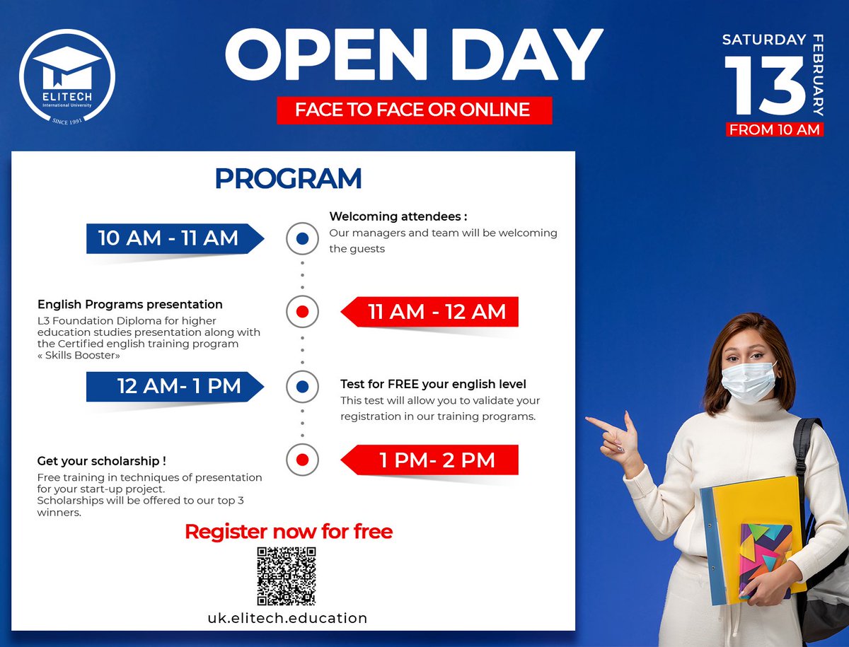 elitechedu's tweet photo. vous êtes invité à un webinaire Zoom🤩
Quand 🤔: 13 févr. 2021 10:30 AM Paris 
Sujet 🤔 : Open day - English Program
 
Veuillez cliquer sur le lien ci-dessous afin de rejoindre le webinaire : 👇
https://t.co/tFvKGpqNBk 
👉Code secret : 629924
  _____________
#Elitech #JPO #Tunis https://t.co/DbT62qpx5c