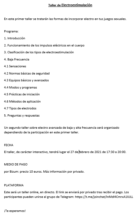 Raven_BDSM's tweet photo. Taller de Electroestimulación online el 27/02/2021. Plazas limitadas. No se requieren conocimientos previos. Habrá un segunda parte (electro avanzada) para los asistentes a este taller. https://t.co/jiYOvyFBMO