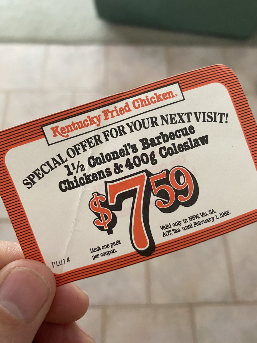 matt2sweed2's tweet photo. What do you reckon @KFCAustralia @kfc still valid? #expiredfeb1983 #nostalgia #colonelsanders #fingerlickinggood #kfc #voucher #limitonepackpercoupon #1983 https://t.co/yoZ8zqiAWv