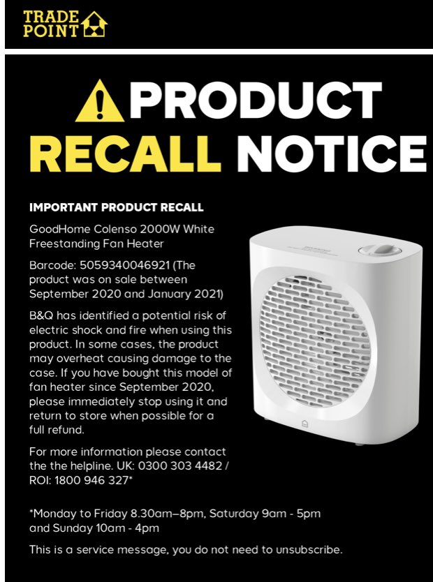 🚨🚨B &amp; Q have issued a important recall. Risk of electrical shock ⚡️ and fire 🔥 🚨🚨
