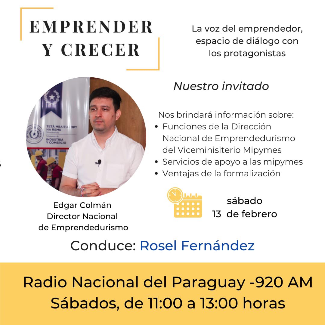 EColman11's tweet photo. Préndete pues a @rnpy920am qué a partir de las 11:00hs voy a estar con @roselfernandez_ hablando de “Emprender y Crecer”
Vamos a contar que tiene preparado la #DINAEM este año en el que el @MIC_PY busca dar un salto gigante y como estamos a punto de hacer HISTORIA con las #EAS! https://t.co/Qkloklk0gT