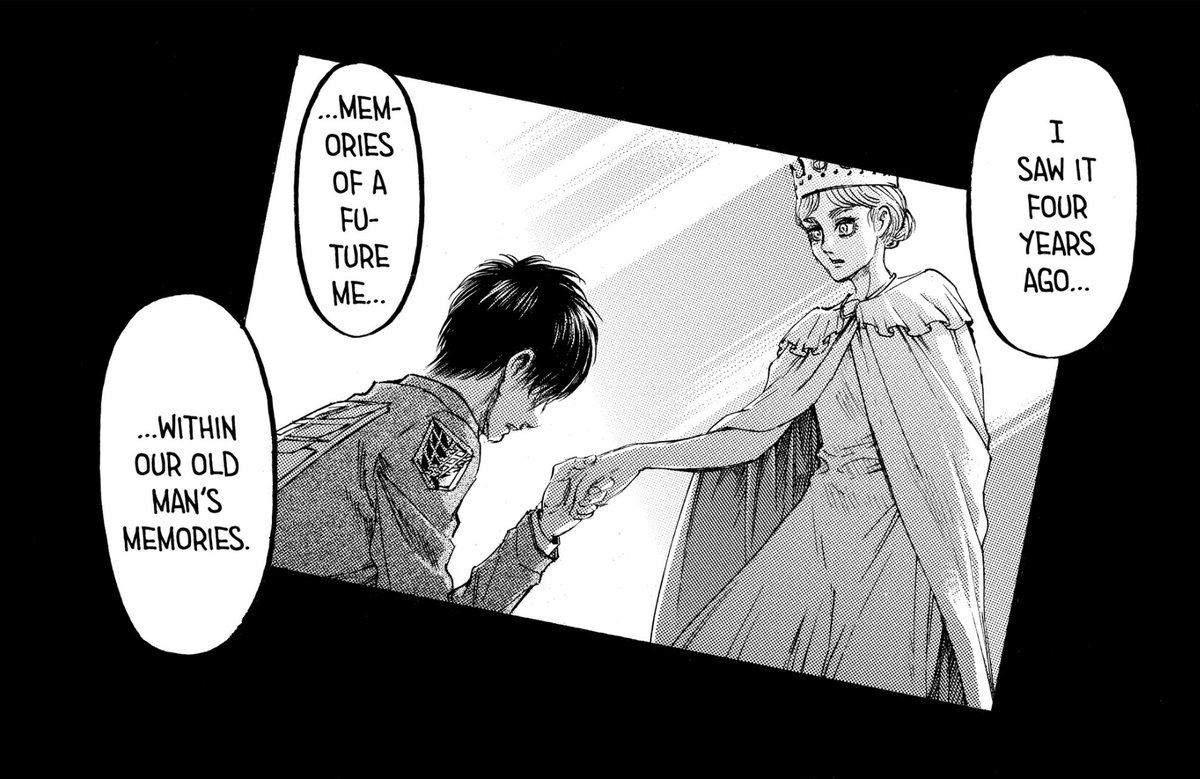 Ch 121.Sejauh yang aku tahu, dari banyak fans, jawaban asumsi memori masa depan yang dilihat Eren seringkali punya pola yang sama: 'Mungkin itu dunia yang damai setelah rumbling', 'Mungkin Eren sudah dapat gambaran nasib Eldia Paradis kalau ambil jalan damai,' dll.
