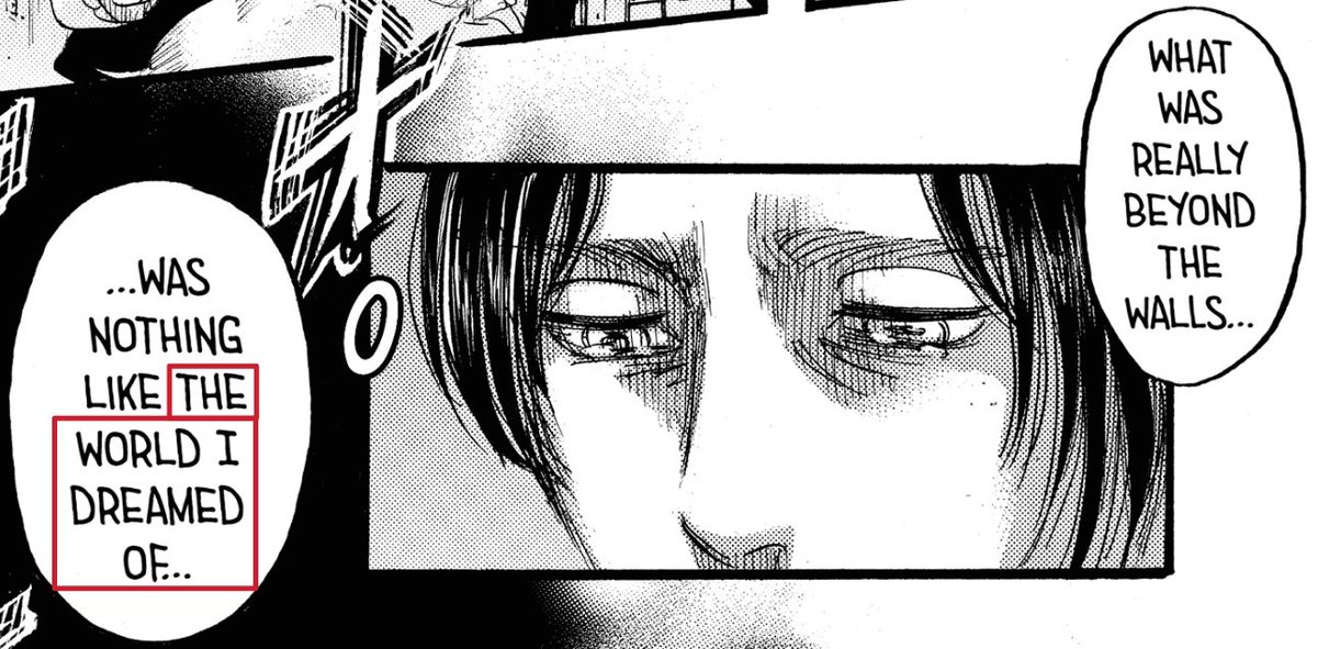 Pertanyaannya: "Apa yang lebih penting dari itu?"Jawaban Eren:"Apa yang ada di luar dinding, 'Tidak seperti dunia yang aku impikan.'" (pic 2)"Ini (dunia luar dinding), 'Tidak seperti yang kulihat di buku Armin.'" (pic 4)Artinya, Eren sudah memimpikan dunia versinya sendiri.