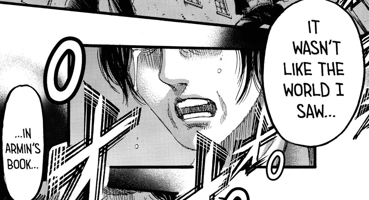 Pertanyaannya: "Apa yang lebih penting dari itu?"Jawaban Eren:"Apa yang ada di luar dinding, 'Tidak seperti dunia yang aku impikan.'" (pic 2)"Ini (dunia luar dinding), 'Tidak seperti yang kulihat di buku Armin.'" (pic 4)Artinya, Eren sudah memimpikan dunia versinya sendiri.