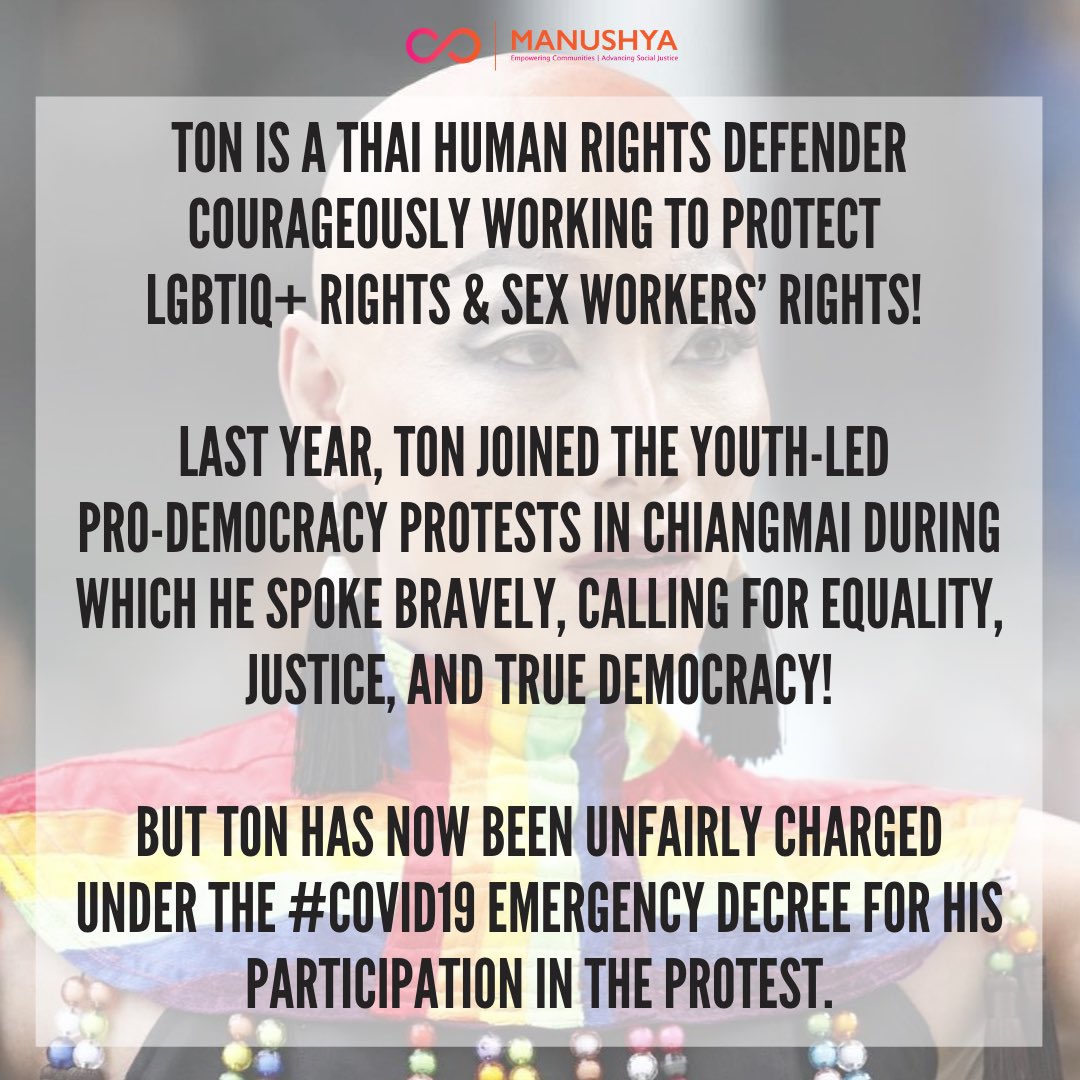 ManushyaFdn's tweet photo. Meet @ChitedSirisak #LGBTIQ & #SexWorkers rights defender! His fight for #equality, #justice & #democracy makes him a true #HumanOfCourage! BUT #Thai govt has charged him under #covid19 emergency decree 4 simply fighting for #freedom!#whatshappeninginthailand #ยกเลิก112 #SaveTon https://t.co/LmmA8uWAaK