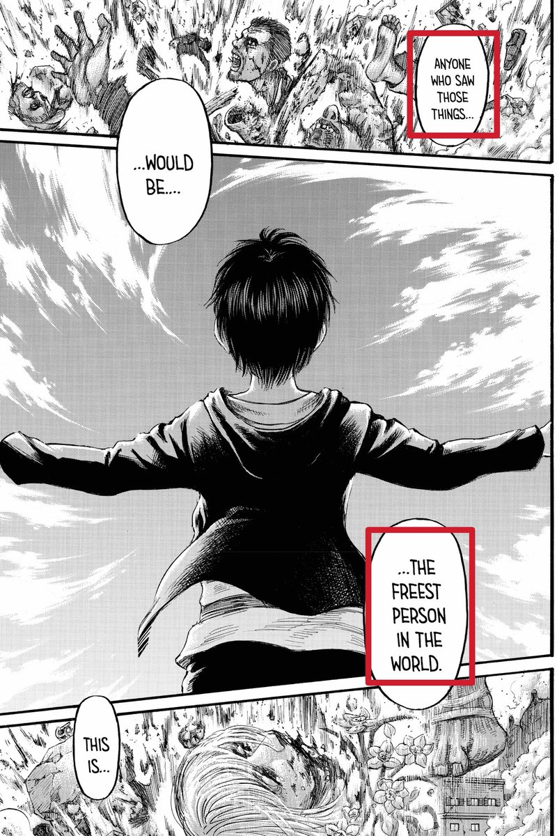 Selanjutnya, kita ditunjukkan flashback saat Eren-Armin membicarakan dunia luar. Eren yakin, kalau dunia luar lebih besar dari yang ada di buku, dan siapapun yang bisa melihatnya akan jadi orang paling bebas di dunia. Inilah yang dikejar oleh Eren.