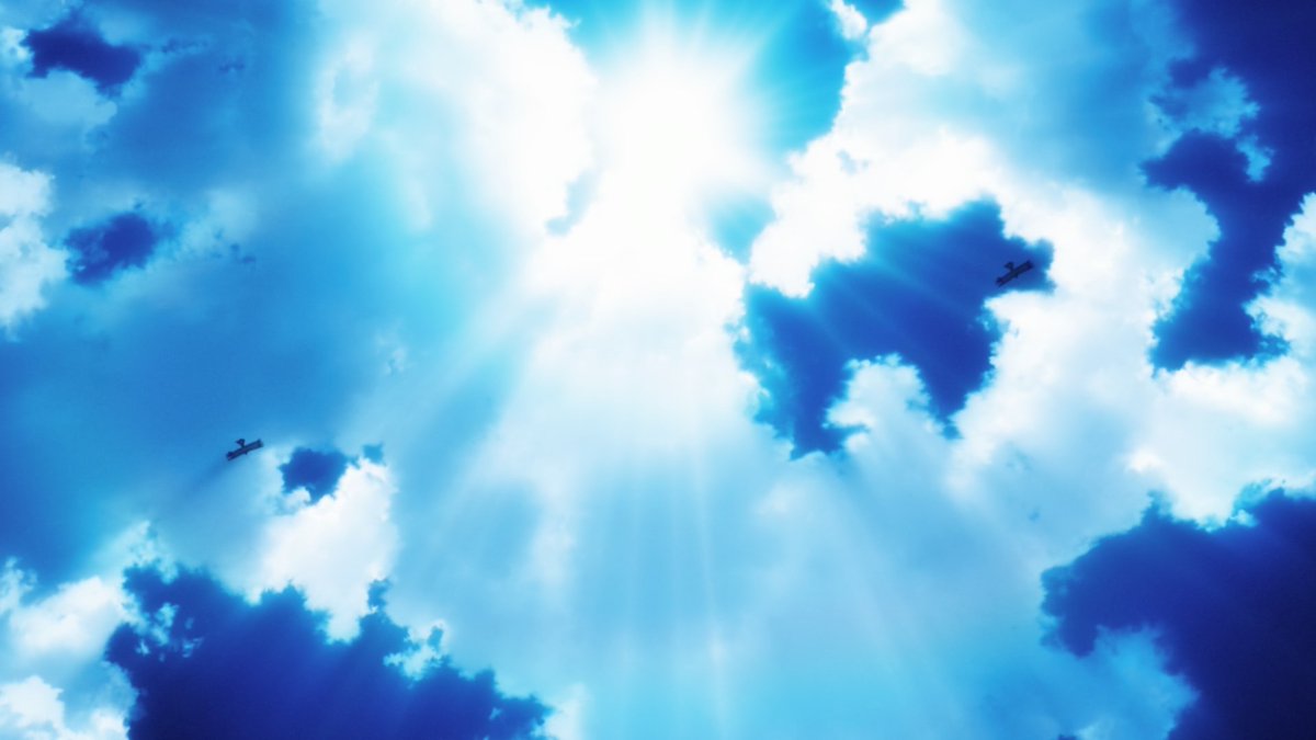 —setelah rumbling. Tapi pemandangan langit bebas tanpa batas, tanpa penghuni. 'Kebebasan' sebenarnya. Coba bandingkan ekspresi Eren saat pertama kali ke laut (dan tahu ada manusia hidup di seberang laut + ternyata mereka dibenci), dengan ekspresi saat orang luar dinding musnah.