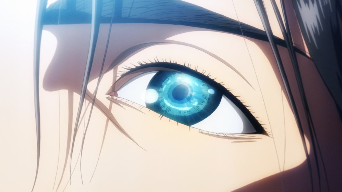 —setelah rumbling. Tapi pemandangan langit bebas tanpa batas, tanpa penghuni. 'Kebebasan' sebenarnya. Coba bandingkan ekspresi Eren saat pertama kali ke laut (dan tahu ada manusia hidup di seberang laut + ternyata mereka dibenci), dengan ekspresi saat orang luar dinding musnah.