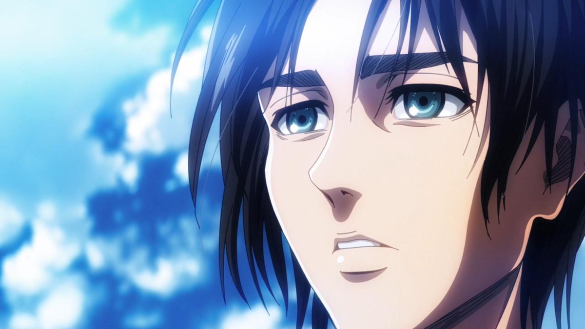 —setelah rumbling. Tapi pemandangan langit bebas tanpa batas, tanpa penghuni. 'Kebebasan' sebenarnya. Coba bandingkan ekspresi Eren saat pertama kali ke laut (dan tahu ada manusia hidup di seberang laut + ternyata mereka dibenci), dengan ekspresi saat orang luar dinding musnah.