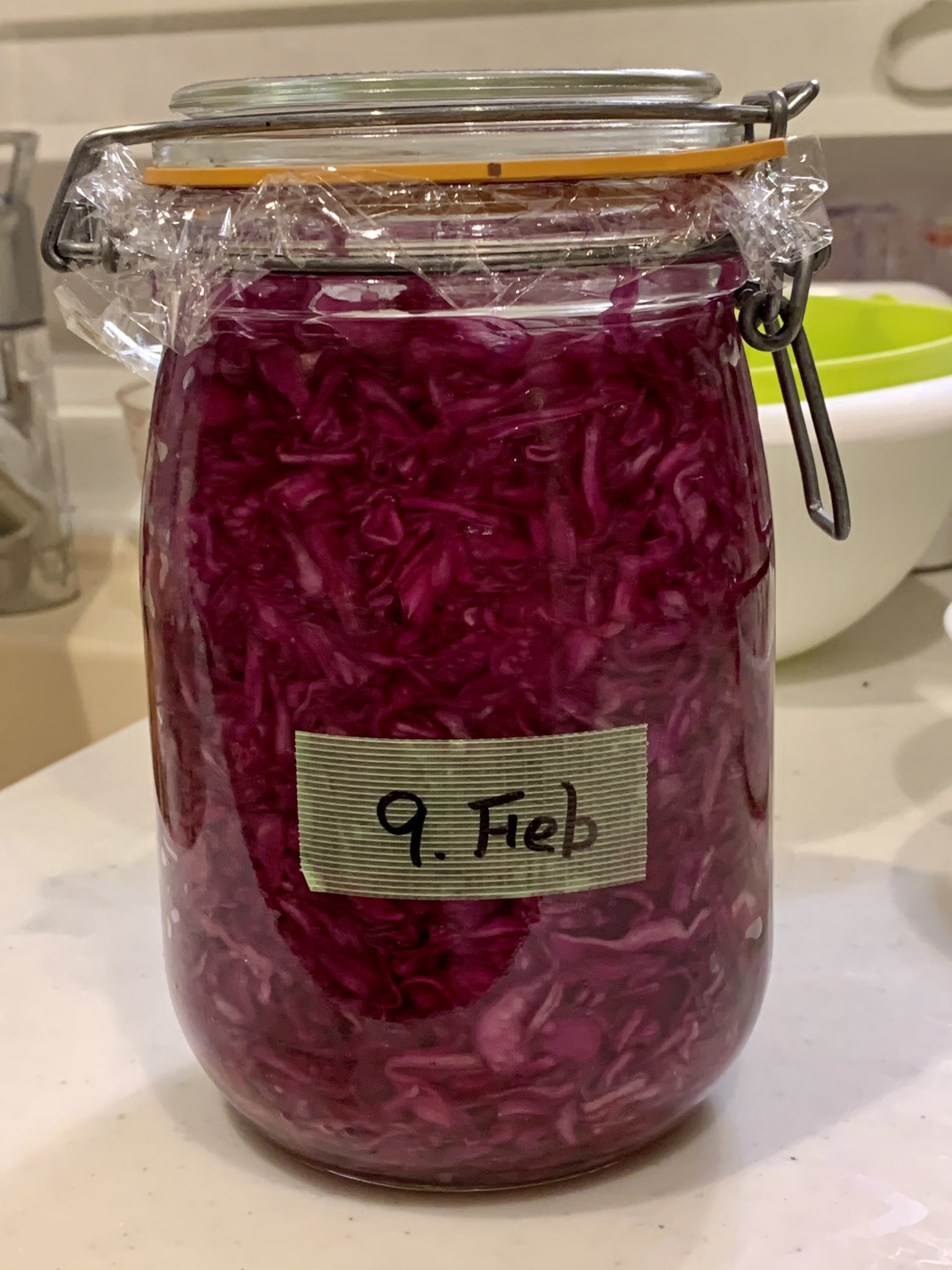 ポッキー翠 9日に仕込んだ紫キャベツのザワークラウトが発酵してきたので瓶詰め 緑キャベツより発酵が早い気がする ちなみに日付の英語表記は 2月なのに頭の中でスベって 1 9 と書いたり誤認したり の防止です Febは何月 と考える時間を確保