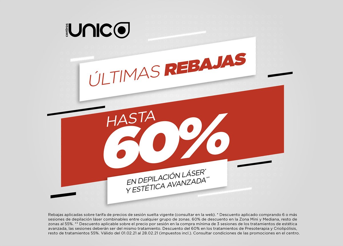 elferialCC's tweet image. 🔊ÚLTIMAS REBAJAS EN @Centros_Unico🔊 
¡Hasta 60% de DTO! Consulta condiciones y... ¡Aprovéchalo! 
👉 ow.ly/LqB650DveXE

#CentrosÚNICO #CentrosÚNICOParla #beautyexperience #esteticaprofesional #DepilacionLáser #RemodelaciónCorporal #RemodelaciónFacial #MedicinaEstética