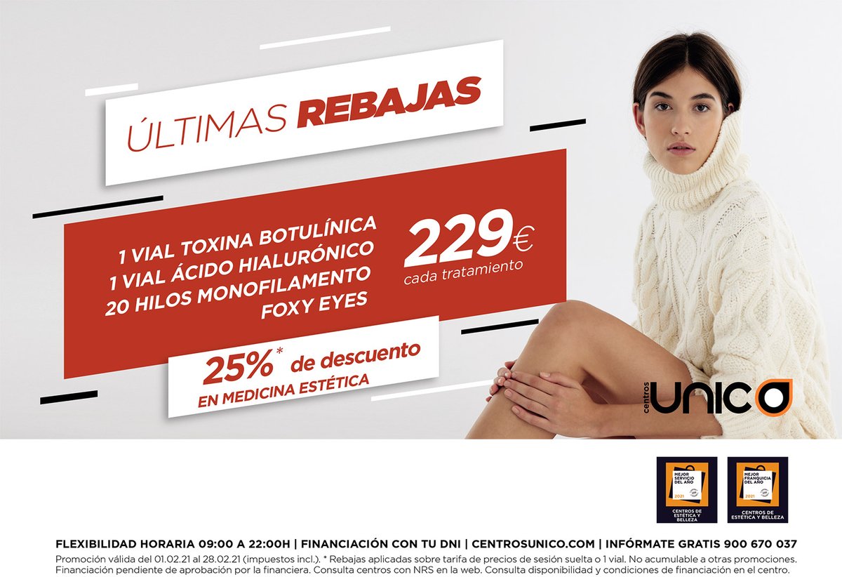 elferialCC's tweet image. 🔊ÚLTIMAS REBAJAS EN @Centros_Unico🔊 
¡Hasta 60% de DTO! Consulta condiciones y... ¡Aprovéchalo! 
👉 ow.ly/LqB650DveXE

#CentrosÚNICO #CentrosÚNICOParla #beautyexperience #esteticaprofesional #DepilacionLáser #RemodelaciónCorporal #RemodelaciónFacial #MedicinaEstética