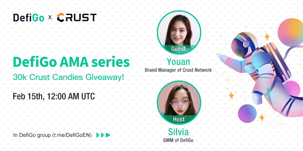 DefiGo_global's tweet photo. Join us in an #AMA with @CrustNetwork on 15th Feb at 12:00 AM UTC

☑️30k$ $Crust Candies #giveaway

☑️Join https://t.co/rP0s6KEeI3

☑️Ask valuable questions during the AMA

$cru $alts $DOT #AMA https://t.co/rIMSqKXfoZ