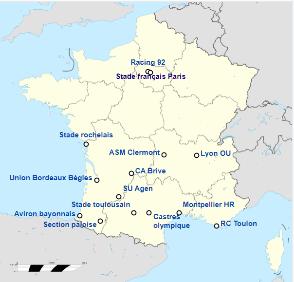 Si l’on jette un œil à la carte du Top 14, cette tendance est à première vue réelle.9 des 14 clubs présents cette saison sont en Nouvelle-Aquitaine ou Occitanie. La moitié Nord du pays est seulement représentée par le Racing et le Stade français, situés en région parisienne.