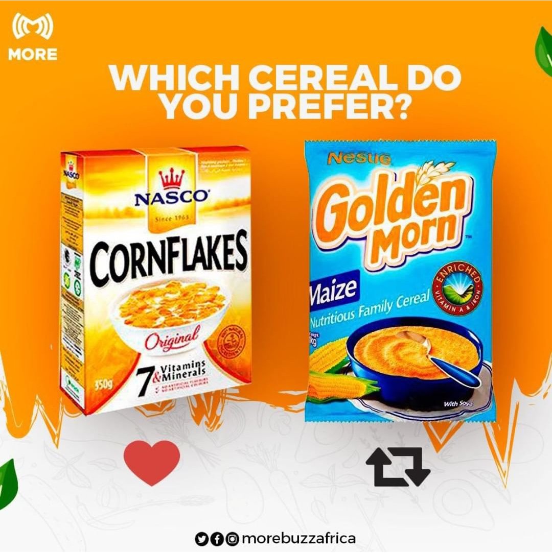 MOREBuzzAfrica's tweet photo. Which would you rather have for breakfast? 
Cornflakes or Goldenmorn? 
-
#saturday #saturdaymorning #breakfast #naija #naijafood #cereal https://t.co/EiwKl36Oni