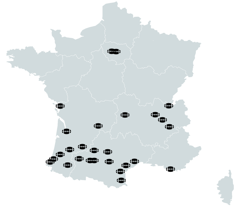 Le rugby est longtemps resté un sport amateur et mineur. Il est professionnel depuis 1995, et le format de poule unique à 16 ou 14 clubs en vigueur depuis 2001.La carte ci-dessous montre l’ensemble des clubs qui ont joué en 1ère division sur la période. 