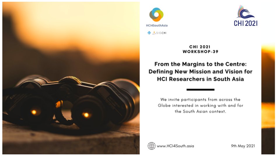 AnupriyaTuli's tweet image. (1/n)📢
Your voices are powerful! Share your experiences, struggles, &amp; aspirations to build future of @HCI4SouthAsia by participating in our #CHI2021 workshop—From the Margins to the Centre:Defining New Mission &amp; Vision for HCI Researchers in South Asia &lt;hci4south.asia/chi21-workshop/&gt;