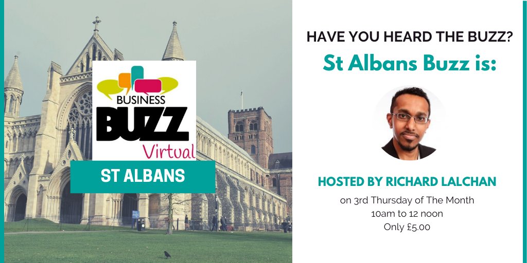 bizbuzzherts's tweet photo. Have you heard of Business Buzz? It's award winning #networking for #StAlbans &amp; is now online. Experience #StAlbansBuzz first hand to see what it is all about. NO FUSS networking that really works. held on 3rd Thursday of the month? Hosted by Richard Lalchan https://t.co/bQwa6tqqvE