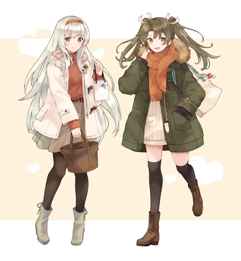 shoukaku (kancolle) ,zuikaku (kancolle) multiple girls 2girls long hair thighhighs skirt bag boots  illustration images