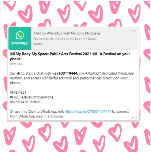 FATC_SA's tweet photo. Got the number of your secret Valentine? Share your love of art with them by sharing the #MBMS21 line number with them. Send “6” to +27600110444 and forward them the message that you will receive. Send 'Hi' to +27600110444 to access our FREE festival! @arts_rsa @nacsouthafrica https://t.co/wq05FDCMBD