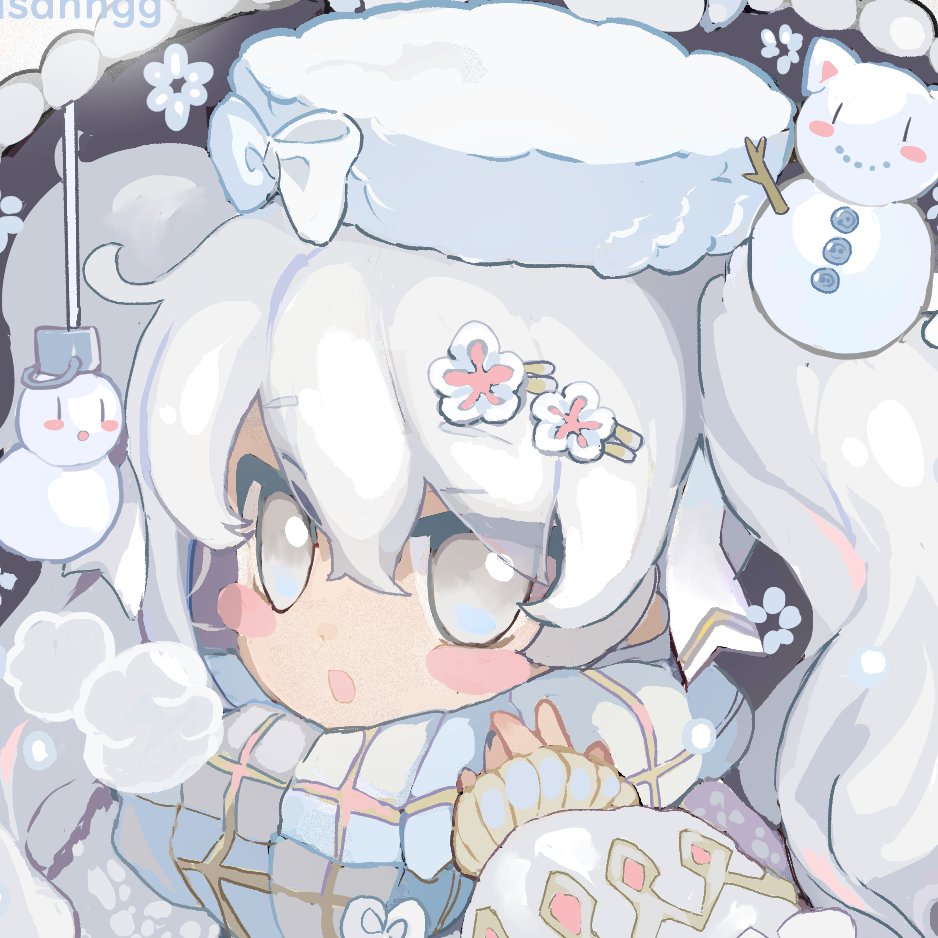 hatsune miku ,yuki miku 1girl snowman twintails scarf white hair hair ornament long hair  illustration images