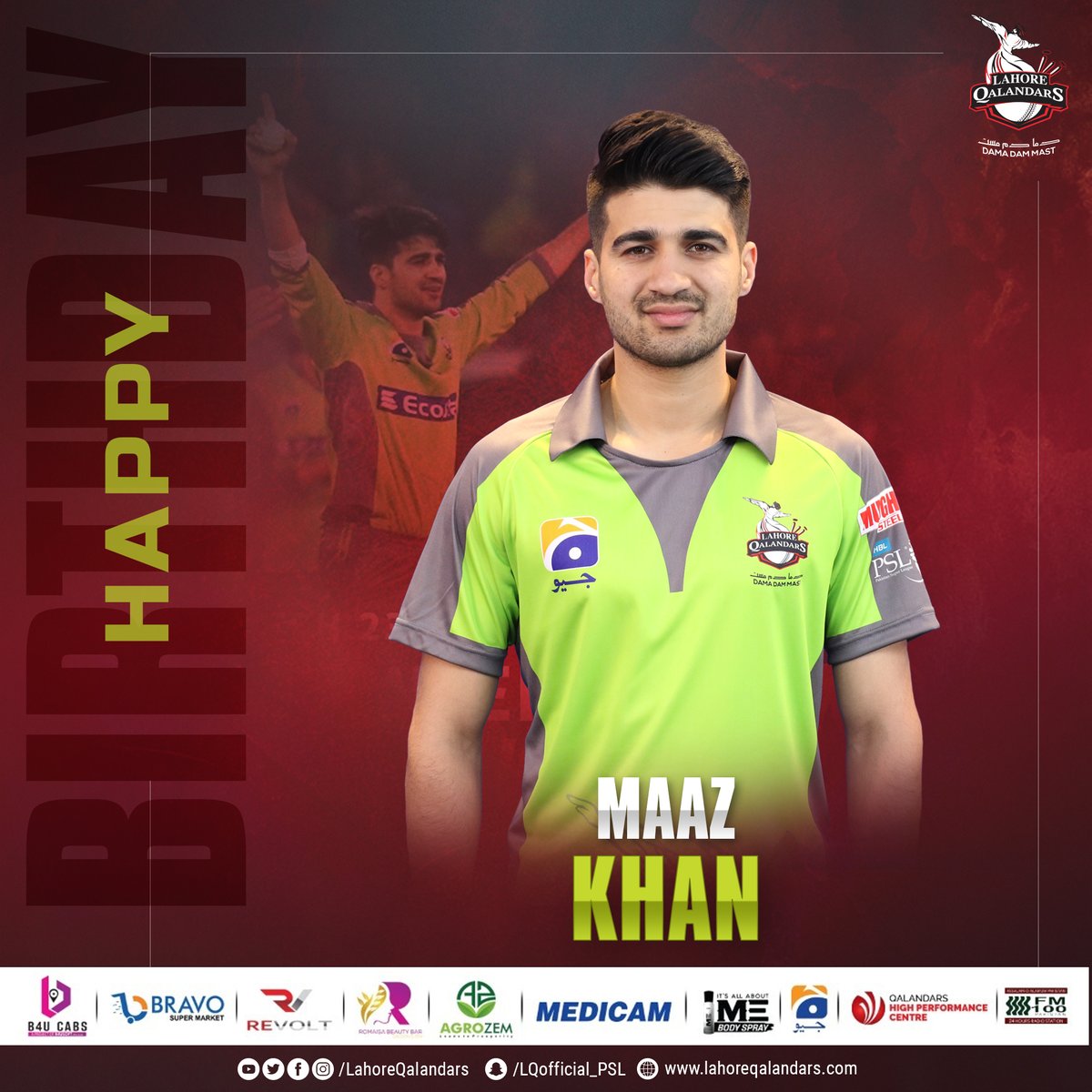 lahoreqalandars's tweet photo. Happy Birthday to our #Qalandar @maazkhan444! 🥳
Wishing you all of life’s blessings and happiness on your birthday. Have an amazing birthday #qalandars 

#DamaDamMast #MainHoonQalandar #Dilse https://t.co/6YTTBWlMJ6