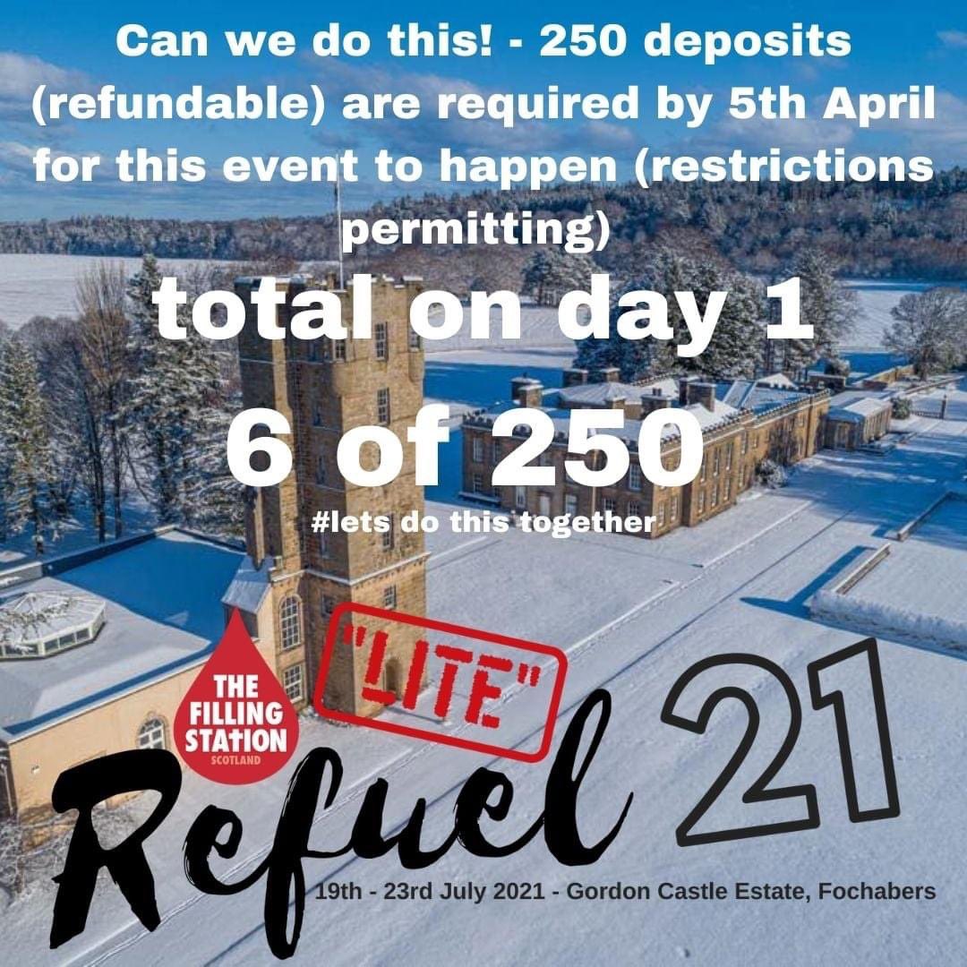 It's day one of the launch! - And a woop woop to this mornings pioneers who booked their tickets straight away!
Only 250 tickets will be available for this summers Refuel festival "LITE" (Covid restrictions permitting of course)
We need all 250 booked by April with a £25 deposit