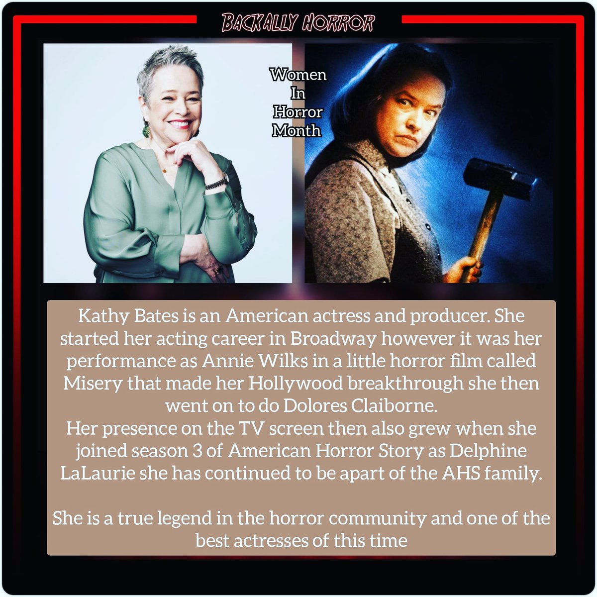 BackAlly_Horror's tweet photo. You can't have a Women in Horror Month post without this queen right here. One of my all time favourites @MsKathyBates
.
.
.
#womeninhorror #womeninhorrormonth #wihmonth #wih #kathybates #misery #ahs #ahscoven #ratched #nurseratched #sarahpaulson #murderhouse #netflix https://t.co/SwCExvJUMS