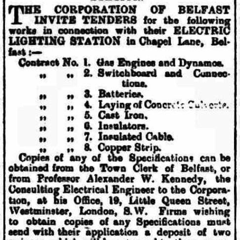 Tenders were advertised by the Corporation in November 1893. The project was overseen by Professor Alexander Kennedy, a London-born Scottish engineer who had designed power stations in Glasgow, Sunderland, Chester and Croydon /4