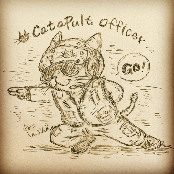 ねこしんぶんの働く猫さん
#カタパルトオフィサー 
#空母甲板作業員 
発艦サインがとってもカックイイ✈︎?
#イラスト #アナログイラスト #猫イラスト #イラスト好きさんと繋がりたい 