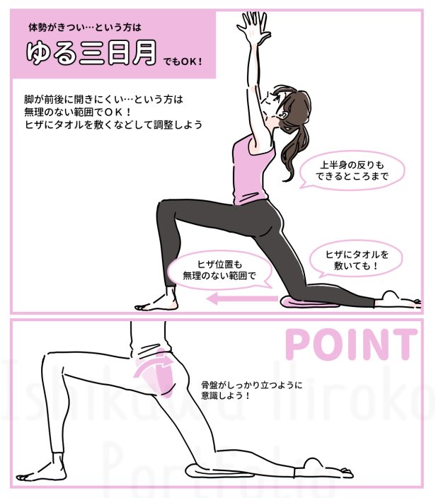ヨガのポーズでよかったものの一つ、三日月のポーズ?♀️
✔︎座りっぱなしだと固まりがちな股関節部分がめちゃくちゃ伸びる
✔︎猫背マンが縮こまりがちな胸がひらく
✔︎体幹が強化されて姿勢を正しやすくなる
✔︎血行がめちゃよくなる
胸がすんごい開くのでダルいときにやるとシャキッと目覚める!