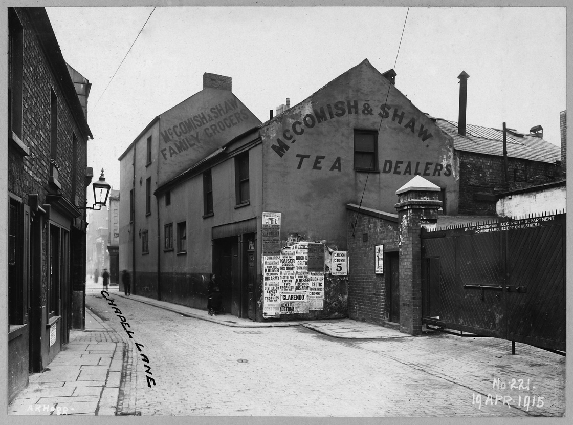 The site was still owned by Belfast Corporation in 1915, when Alexander Hogg photographed Chapel Lane, but it is uncertain what happened to the site during the rest of the 20th century. /10