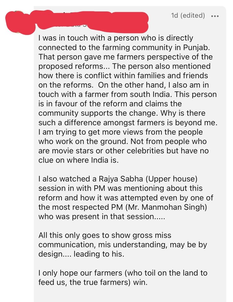 10/28This "Director of Data Sciences" wants real farmers (perhaps Bachchan?) to shun "miss communication" and "mis understanding" and enjoy the perks of blind obeisance. He even has a couple of Shefali-Vaidya-esque "I know someone" stories to back it all up.