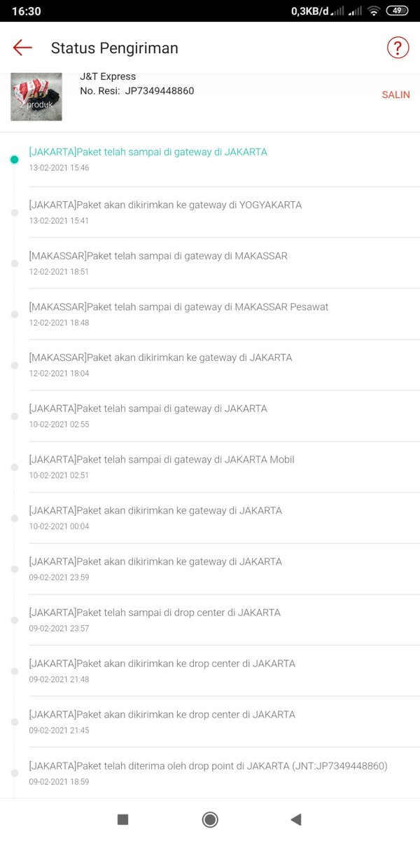 ary_w_n's tweet photo. @jntexpressid 
pengirimian kurang profesional.. sudah dari tgl 9 februari belum sampai2.. malah muter sampe ke makasar, padahal pengiriman dr jakarta ke purworejo, jawa tengah.. kurang memuaskan https://t.co/nQMurxfnFI