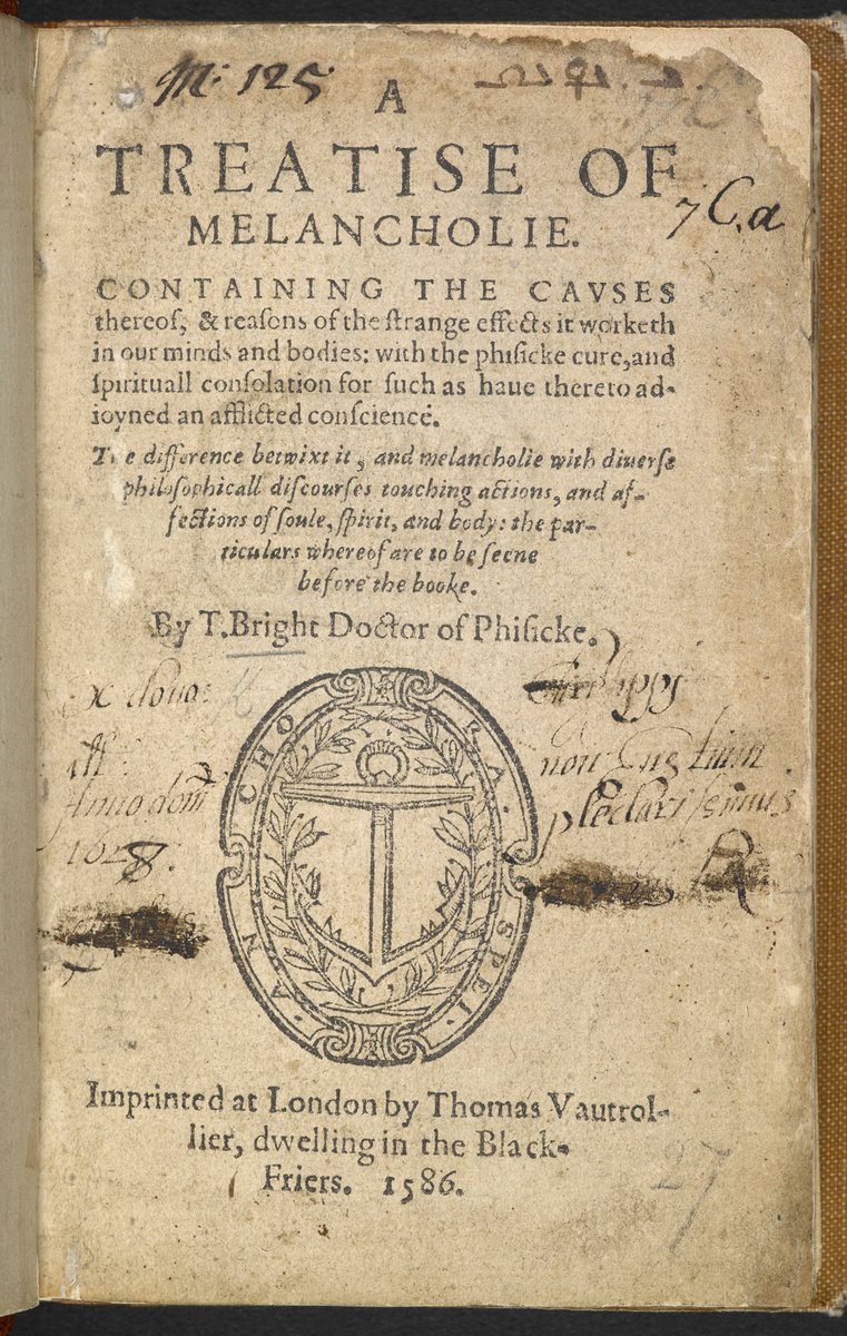 Timothy Bright’s ‘A Treatise of Melancholie’ was published in 1586. (See Elizabeth Hunter’s excellent analysis of this text at [ https://tinyurl.com/4aqt7e3e&nbsp;]!) Resulting from humoral imbalance, melancholy compromised the senses, producing 'darkenes, perill, doubt, frightes'. 4/10