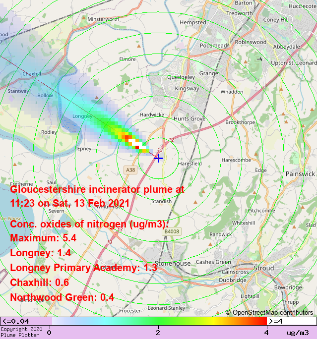 plumeplotter's tweet photo. Latest Gloucestershire incinerator plume plot, 11:23 13/02/21 #Longney #Chaxhill #NorthwoodGreen https://t.co/mtbEc3uClI https://t.co/AQ1lC8j3iM