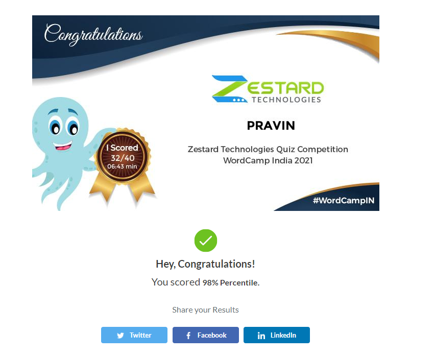 pravin2404's tweet photo. ๐ฃHello @WordCampIN.
I scored 32/40 on WordPress Quiz
https://t.co/0ttLrTN9OL #WordCampIN #WordPress #ZestardTech #Quiz via @ZestardTech
Please do join in #WordPress Quiz and share your score. ๐ https://t.co/myfeBKBr5a