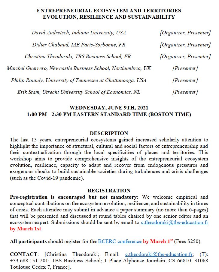 Christina Theodoraki, PhD (@c_theodoraki) on Twitter photo 📢 PDW Entrepreneurial Ecosystem and Territories at the #BCERC Virtual Conference 2021 <a href="/babson/">Babson College</a>
➡️Organizers: <a href="/C_Theodoraki/">Christina Theodoraki, PhD</a> #DavidAudretsch, Didier Chabaud
➡️Speakers: <a href="/Dr_MGuerrero/">Maribel Guerrero</a> #PhilipRoundy <a href="/EshipRules/">Erik Stam</a>
👉 Registrer By March 1st, 2021 lnkd.in/duVaQzq 📢 PDW Entrepreneurial Ecosystem and Territories at the #BCERC Virtual Conference 2021 <a href="/babson/">Babson College</a>
➡️Organizers: <a href="/C_Theodoraki/">Christina Theodoraki, PhD</a> #DavidAudretsch, Didier Chabaud
➡️Speakers: <a href="/Dr_MGuerrero/">Maribel Guerrero</a> #PhilipRoundy <a href="/EshipRules/">Erik Stam</a>
👉 Registrer By March 1st, 2021 lnkd.in/duVaQzq