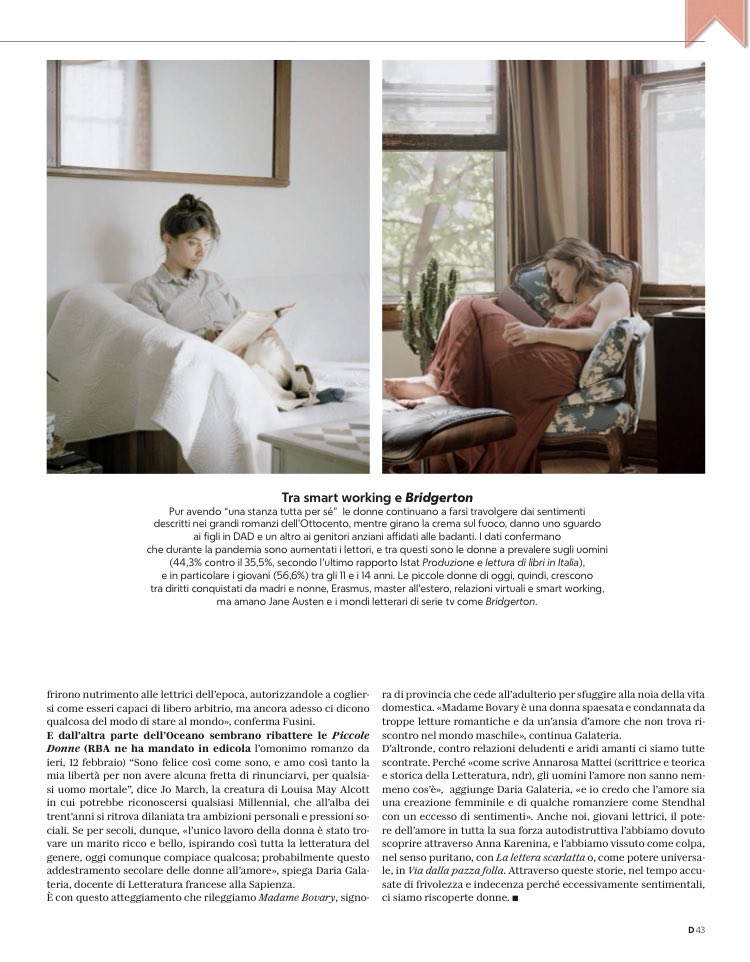 Oggi le donne hanno “una stanza tutta per sé” ma continuano a leggere Madame Bovary e Jane Austen. Abbiamo chiesto i motivi a Lisa Ginzburg, Nadia Fusini e Daria Galateria. L’articolo oggi su D la Repubblica.